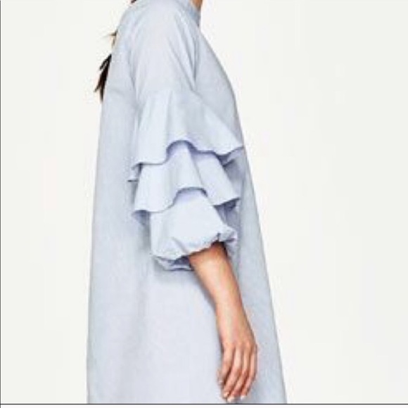 Zara ruffle sleeve high neck dress chambray - Picture 3 of 8